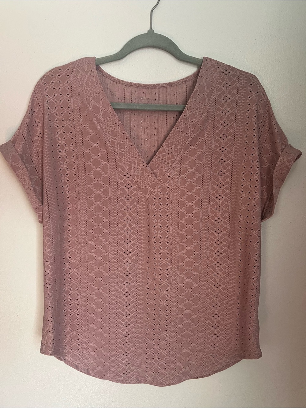 SHEIN Dusty Rose Eyelet V-Neck Blouse